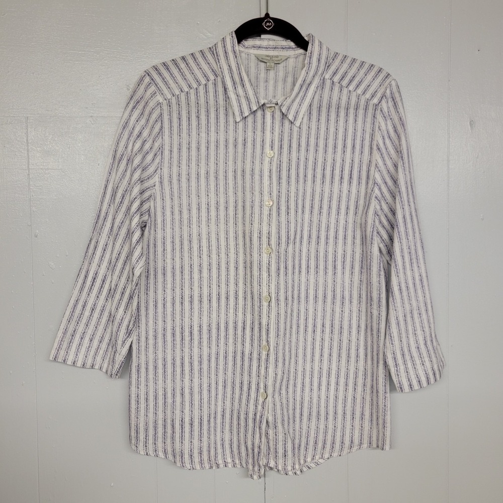 Hester & Orchard Size Large Linen Blend Shirt Button Cream/ Purple Striped